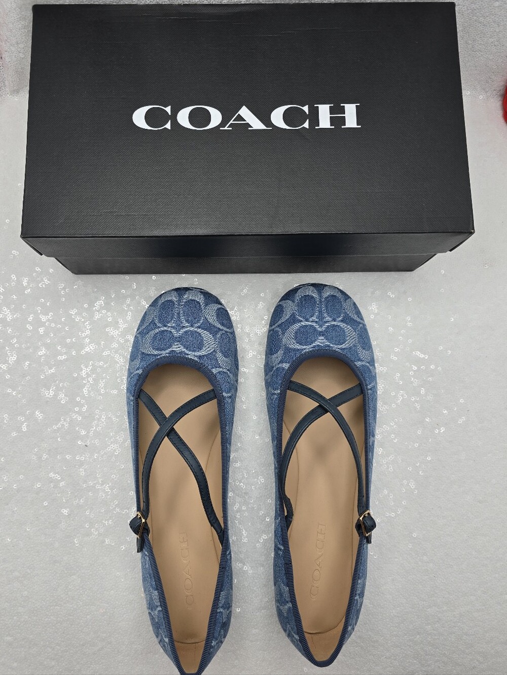Coach Phoebe Signature Denim Ballet Flsts Cris-cross Leather Flats Women's 10 - Picture 7 of 11